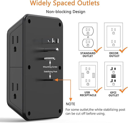 USB Wall Charger Power Strip Surge Protector with 4 USB Ports (2 USB C) Plug Extension Multiple Outlets Plug Extension Multi Outlet Plug in Adapter Spaced Outlets for Home Office Travel,White (Black)