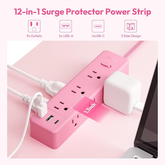Pink Power Strip, NTONPOWER Surge Protector Power Strip Flat Extension Cord 15FT, 9 Outlets 3 USB Ports(1 USB C), Wall Mount, 1080J, Multiple Outlets for Home, Dorm, Vanity Desk, Nightstand,Women
