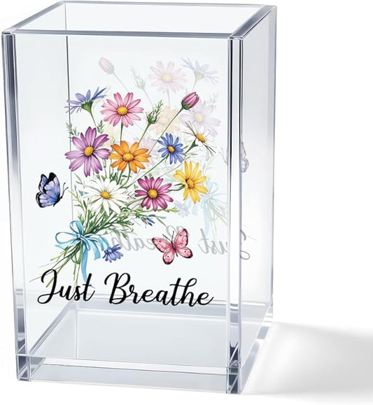 Just Breathe Acrylic Cosmetic Pencil Pen Holder Cup, Hope Inspirational Makeup Brush Organizer Holder, Women Faith Gifts, Encouragement Gifts for Women Mom Daughter Sister Friend Yoga Teacher