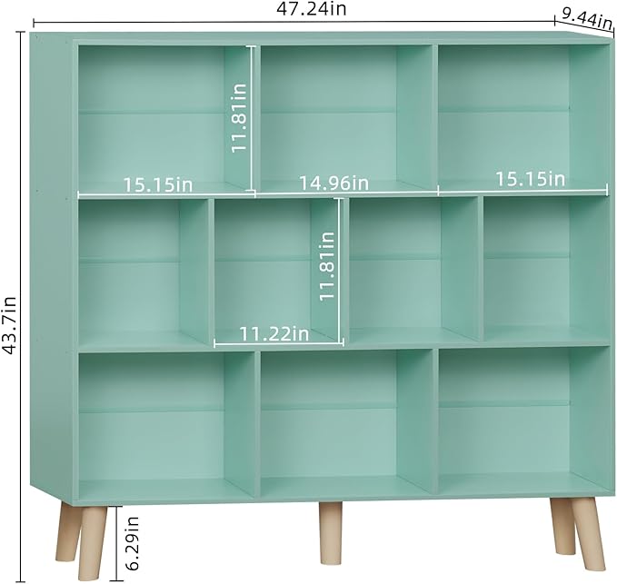 LEYAOYAO 10 Cube Bookshelf,3 Tier Modern Wide Bookcase with Legs,Mid-Century Wood Bookshelves Storage,Mint-Green Large Book Case,Freestanding Organizer Display Shelf for Bedroom,Living Room,Office