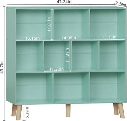LEYAOYAO 10 Cube Bookshelf,3 Tier Modern Wide Bookcase with Legs,Mid-Century Wood Bookshelves Storage,Mint-Green Large Book Case,Freestanding Organizer Display Shelf for Bedroom,Living Room,Office