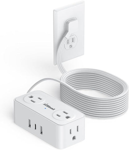 SMALLRT Thin Flat Extension Cord with USB C, Small Flat Plug Power Strip with 4 AC Outlets 3 USB (1 USB C), 6.5FT Small Power Strip Wall Mountable Cruise Ship, Travel, Home (White, 16.5 FT)