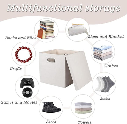 Storage Bins with Lids, Collapsible Linen Fabric Boxes Organizer Containers with Lid Foldable Storage Box Basket for Closet, Shelves, Home, Office, 12 x 12 x 12.4 Inch, 4 Pack, Beige