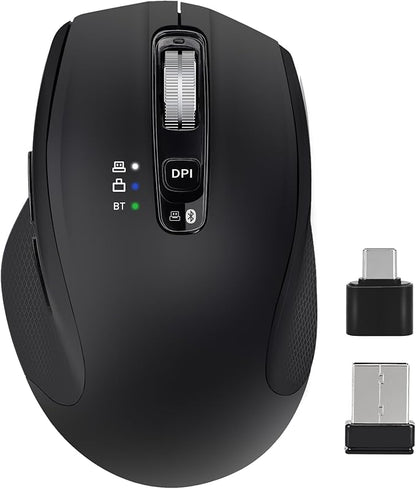 Wireless Mouse with Bluetooth, USB-A, USB-C Receiver, Rechargeable, Full-Size Mouse, Silent, Ergonomic, for MacBook/Laptop/Computer/PC/iPad-Black