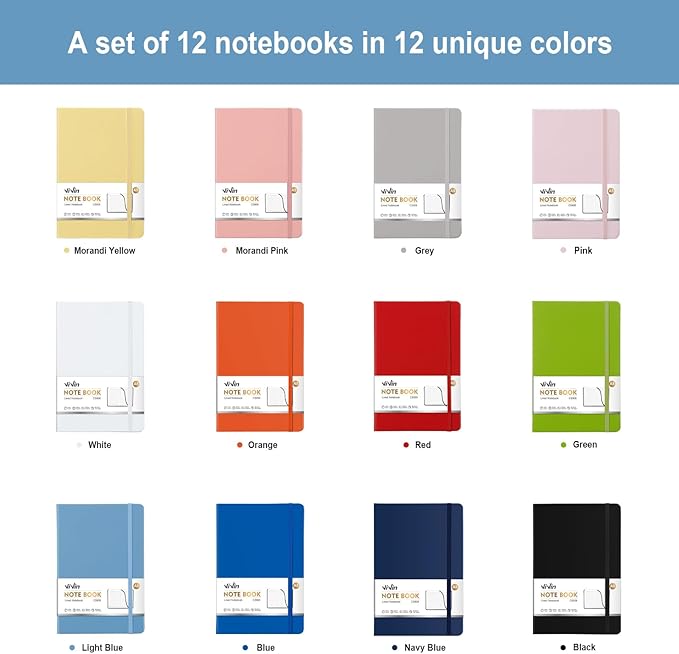 ViVin Lined Journal Notebooks for Work,192 Pages,5.5 x 8.3 inch,College Ruled,A5 Hardcover Journaling Notebooks for Writing,12 Pack Bulk