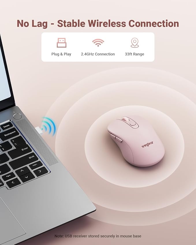 USB Wireless Mouse for Laptop PC Mac, 2.4GHz Cordless Mouse with 6 Buttons, 5-Level Adjustable 4000 DPI, Ergonomic Portable Optical Computer Mice, 24-Month Battery Life-Pink
