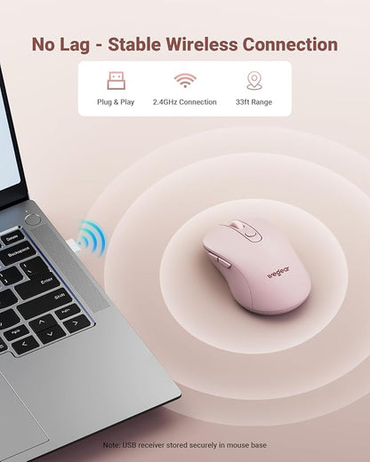 USB Wireless Mouse for Laptop PC Mac, 2.4GHz Cordless Mouse with 6 Buttons, 5-Level Adjustable 4000 DPI, Ergonomic Portable Optical Computer Mice, 24-Month Battery Life-Pink