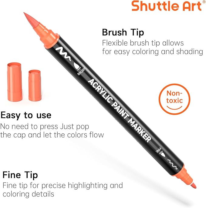 Shuttle Art 28 Colors Dual Tip Acrylic Paint Markers, Brush Tip and Fine Tip Acrylic Paint Pens for Rock Painting, Ceramic, Wood, Canvas, Plastic, Glass, Stone, Calligraphy, Card Making, DIY Crafts