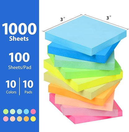 NESCCI Sticky Notes,10 Pads,3x3 Inches, Colorful Self-Stick Notes Pads, Office Supplies,Perfect for Office, Study, and Daily Life Organization,100 Sheets/pad