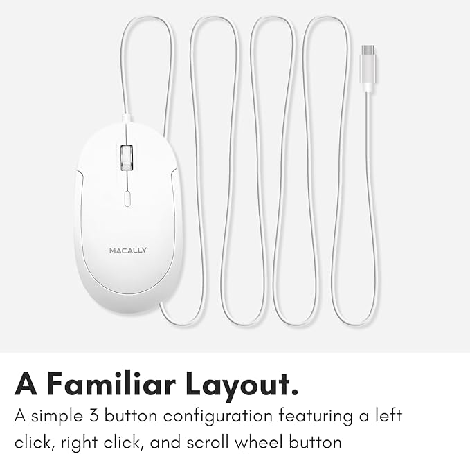 Macally Wired USB C Mouse for Mac and PC - Slim, Quiet, and Reliable - Type C Mouse for MacBook Pro/Air, iMac, Apple iPad, Laptop, Computer Desktop with 3 Button, Scroll Wheel, USBC, and 4 DPI Mode