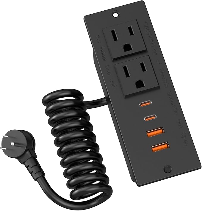 Drawer Outlet, Furniture Recessed Power Strip with 4 PD 30W USB Ports & 2 AC Outlets, Recessed Outlet for Conference Rooms, Office Tables, Furniture, 10FT Spring Cord (ETL Listed)