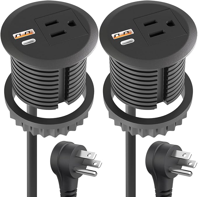 2pcs Desktop Power Grommet,2-inch Hole,10ft Cord,20W USB C Fast Charging Station,Round Recessed Outlet,2-USB Port,Flush Mount,Flat Plug,Black