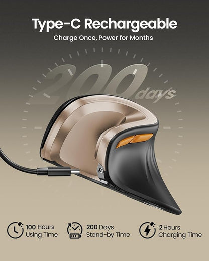 ProtoArc Ergonomic Mouse, EM11 NL Bluetooth Rechargeable Wireless Vertical Mouse, 3 Multi-Device Connectivity for Computer/PC/Laptop, 2.4GHz Optical Mice for Windows, Mac OS, Black Gold