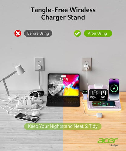 Acer 7-in-1 Wireless Charging Station with LED Clock - 30W Fast Wireless Charger for iPhone 16/15/14/13/12/Pro Max, Apple Watch, AirPods - Bluetooth Auto Time Sync & Night Lights (Purple)