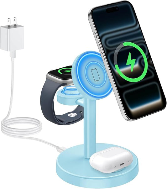 2026 3 in 1 Wireless Charging Station Compatible with MagSafe, 15W Fast Magnetic Mag-Safe Charger Stand for Apple iPhone 17 16 15 14 13 12 Series iWatch AirPods Pro 4 3 2, Iceblue