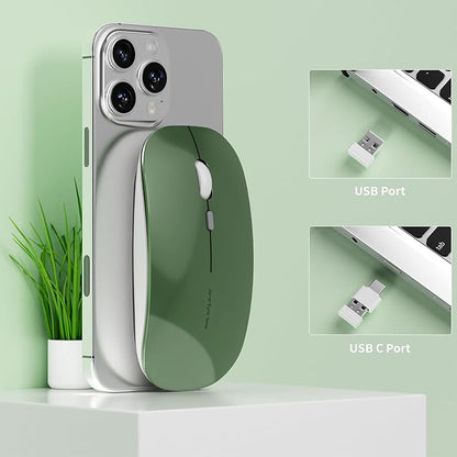 Uciefy Q5 Slim Rechargeable Wireless Mouse, 2.4G Portable Optical Silent Ultra Thin Wireless Computer Mouse with USB Receiver and Type C Adapter, Compatible with PC, Laptop, Desktop (Blackish Green)