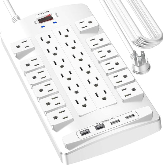 Surge Protector Power Strip - QINLIANF 20Ft Flat Plug Heavy Duty Extension Cord with 24 Outlets and 4 USB Ports(2 USB-C Ports), 1875W/15A, 4100J, for Home, Office, Dorm, ETL Listed, White