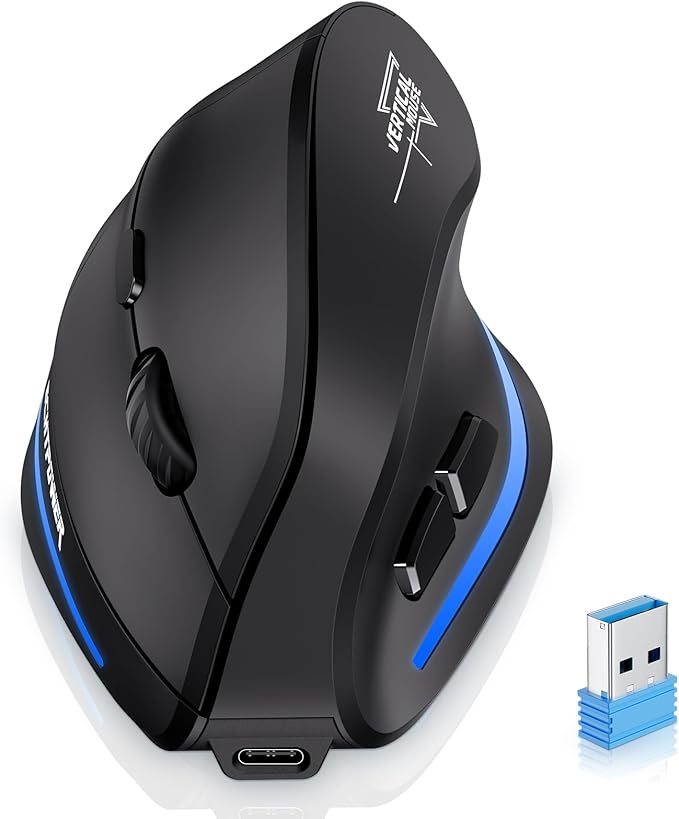 ECHTPower Ergonomic Wireless Mouse, Bluetooth Vertical Mouse with LED Light, Control Up to 3 Devices (BT5.0+BT5.0+2.4GHz), Adjustable DPI 2400/1600/1000, for PC, Laptop, Mac, Windows
