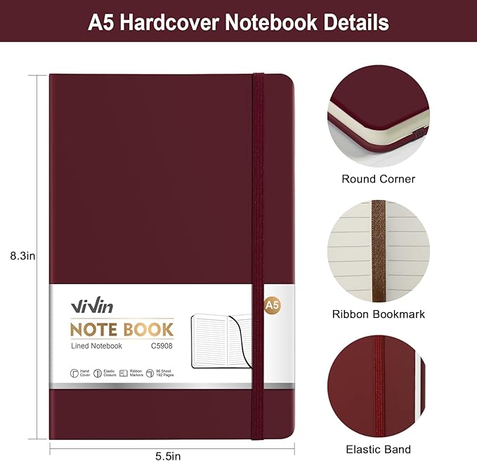 ViVin Lined Journal Notebooks for Work,192 Pages,5.5 x 8.3 inch,College Ruled,A5 Hardcover Journaling Notebooks for Writing,24 Pack Bulk