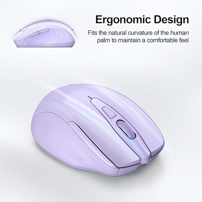 TECKNET Wireless Mouse (BT5.0/3.0 & 2.4G) Rechargeable 4800 DPI Silent USB A & Bluetooth Mouse 6 Buttons, Wide Compatibility - Lavender