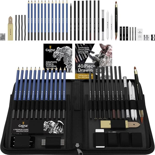 Castle Art Supplies 40 Piece Premium Drawing and Sketching Set with Tutorial | for Artists, Professionals or Beginners | Pencils, Charcoal, Graphite and More | in Neat Carry-Anywhere Zipper Case