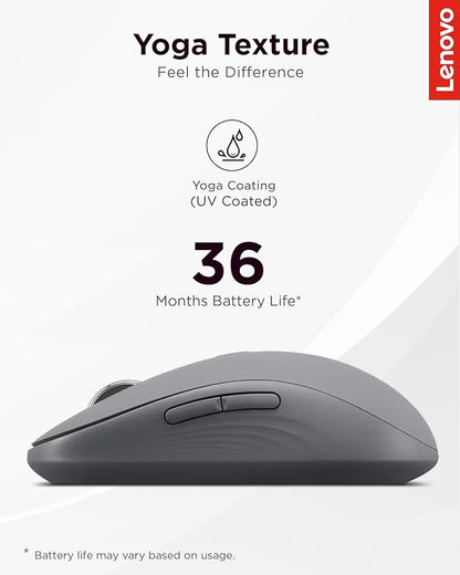Lenovo Yoga Bluetooth Silent Mouse, 3 Level DPI Adjustment, 36 Month Battery Life, Bluetooth 5.3, 3 Device Paring, Whisper Quiet, Programmable Buttons, Smooth Finish, Luna Grey