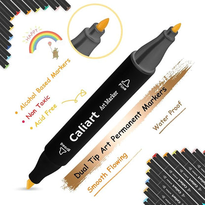 Caliart Markers, 100 Colors Dual Tip Art Markers Sketch Pens Permanent Alcohol Based, with Case for Adults Artists Drawing Illustration Sketching Coloring (Black Barrel)
