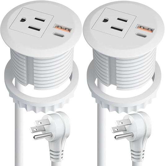 2pcs Desktop Power Grommet,2-inch Hole,10ft Cord,20W USB C Fast Charging Station,Round Recessed Outlet,2-USB Port,Flush Mount,Flat Plug,White