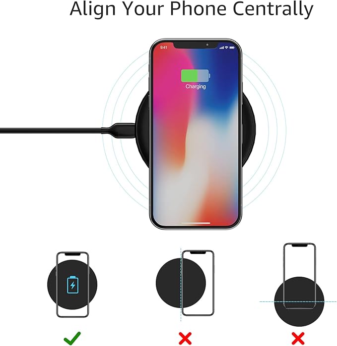 Amazon Basics 15W Qi Certified Wireless Charging Pad for iPhone 16/15/14/13/12/11/X, Samsung and More, with USB Cable, Black