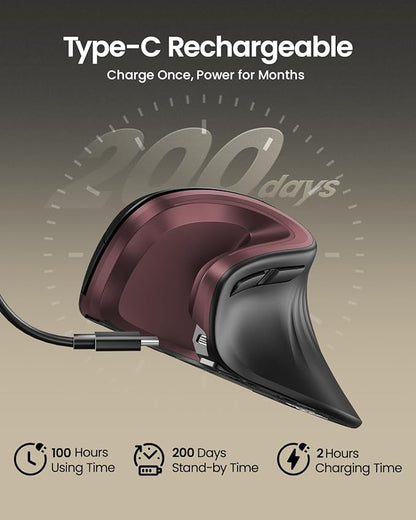 ProtoArc Ergonomic Mouse, EM11 NL Wireless Vertical Mouse, Ergo Mouse with Multi-Device, USB-C Rechargeable Mice for Windows, Mac OS, PC/Notebook/Laptop,Wine Red