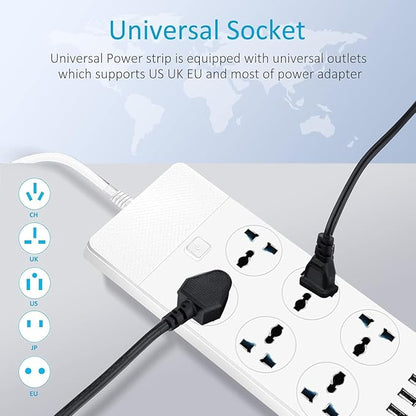 International Power Adapter with 6 Universal Outlet 4 USB Ports (1 USB C), Jumpso 6ft Travel Power Strip, EU UK to US Plug Adapter, 110-240v, 3000w Extension Cord for Home Office White