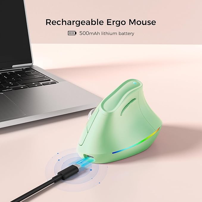KYSONA 57° Wireless Ergonomic Mouse, Vertical Mouse, Carpal Tunnel Mouse, RGB Light, Rechargeable, Bluetooth & 2.4G, 5-Level DPI Adjustment, Quiet Click Ergo Mice Compatible with PC/Laptop/Mac, Green