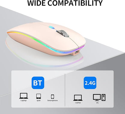 TENMOS Wireless Bluetooth Mouse, LED Slim (Bluetooth 5.1 + USB) 2.4GHz Rechargeable Silent Bluetooth Wireless Mouse with Type C Adapter for Laptop/MacBook/iPad OS 13 and Above - Light Pink