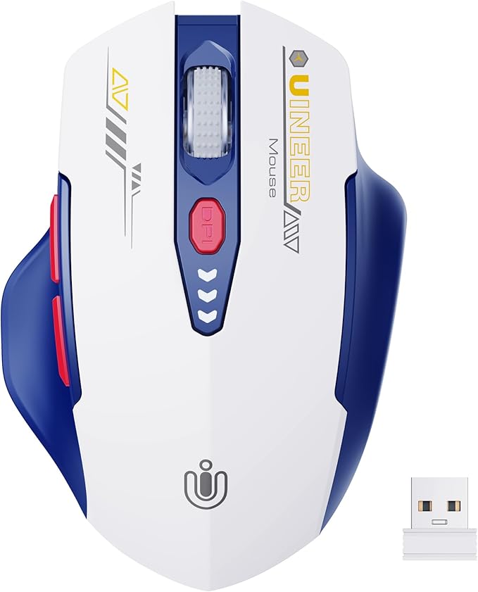 Uineer Wireless Mouse, [Upgraded] Visible Battery Display，Rechargeable Laptop Mice 2.4G USB, 4 Adjustable DPI Levels,Optical Ratón Wireless for Laptop PC Computer,White and Blue
