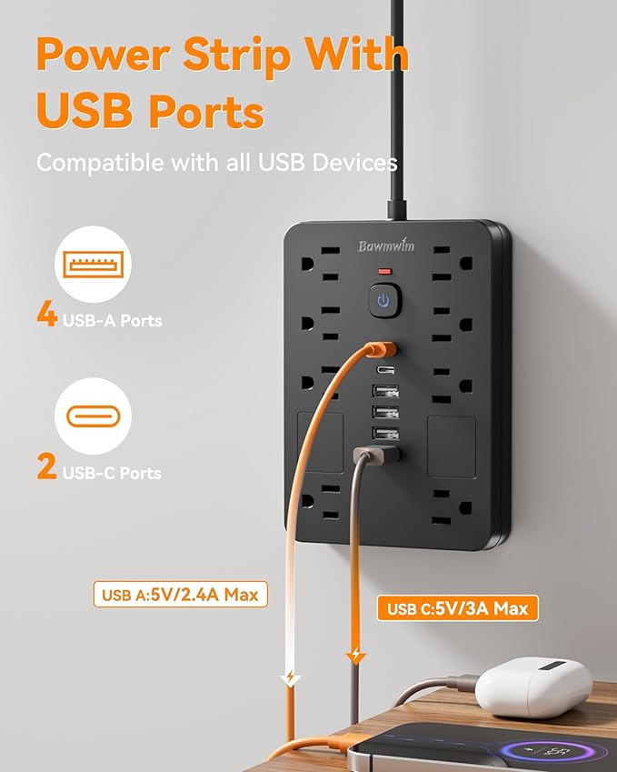 Surge Protector Power Strip - 8 Outlets(1850W/15A) with 6 USB Ports（2 USB C, 10FT Flat Plug Extension Cord, Wall Mount Multi Plug Outlet Extender, ETL Listed for Home, Dorm Room, Black
