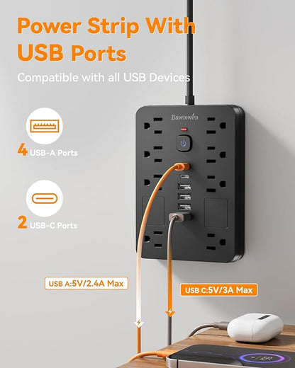 Surge Protector Power Strip - 8 Outlets(1850W/15A) with 6 USB Ports（2 USB C, 10FT Flat Plug Extension Cord, Wall Mount Multi Plug Outlet Extender, ETL Listed for Home, Dorm Room, Black