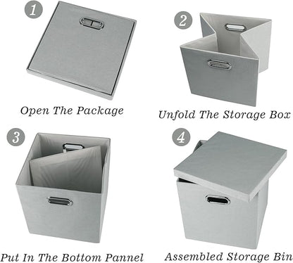 Storage Bins with Lids, Collapsible Linen Fabric Boxes Organizer Containers with Lid Foldable Storage Box Basket for Closet, Shelves, Home, Office, 11 x 11 x 11.4 Inch, 4 Pack, Gray