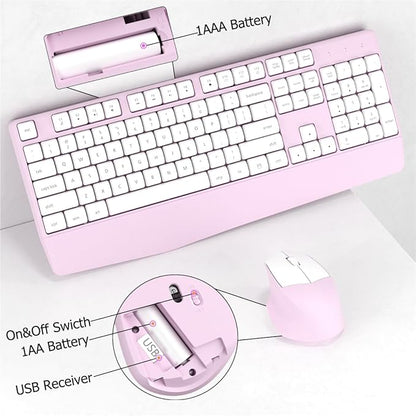 Wireless Keyboard and Mouse Combo, Ergonomic Keyboard with Wrist Rest and Mouse, 2.4Ghz Wireless Connection, Compatible with PC/Laptop/Windows/Mac for Home and Office Use (White Pink)