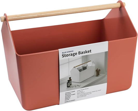 BLUE GINKGO Large Storage Basket – Plastic Caddy with Wooden Handle for Bathroom, Pantry, or Cleaning Supplies (Terracotta)