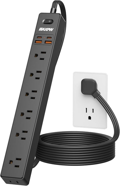 10 Ft Power Strip Surge Protector - 7 Outlets 4 USB Ports (2 USB C), Ultra Thin Flat Extension Cord & Flat Plug, 1700 Joules, Wall Mount, Desk Charging Station for Home Office Dorm, Black