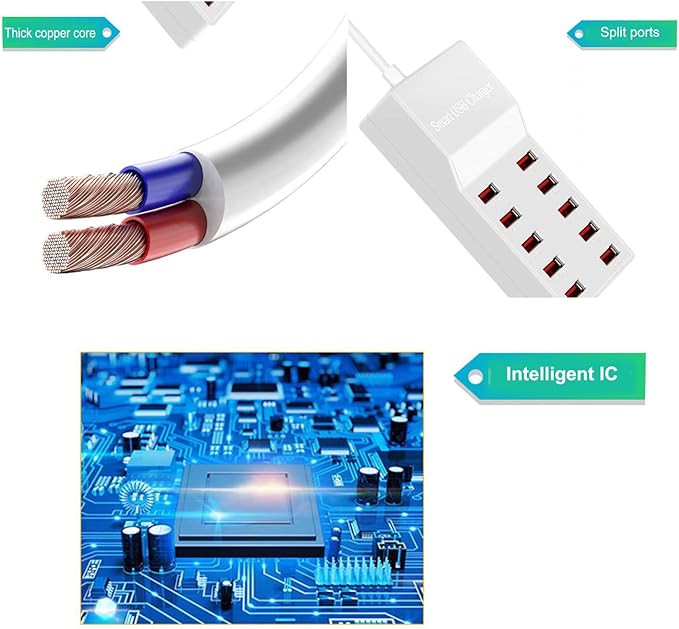 MaxLax USB Charger Station,10-Port 50W/10A Multiple USB Charging Station with Smart IC Technology,Multi Ports Charger Charging for Smartphones，Tablets，and Other Devices.