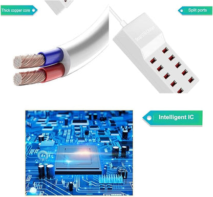 MaxLax USB Charger Station,10-Port 50W/10A Multiple USB Charging Station with Smart IC Technology,Multi Ports Charger Charging for Smartphones，Tablets，and Other Devices.