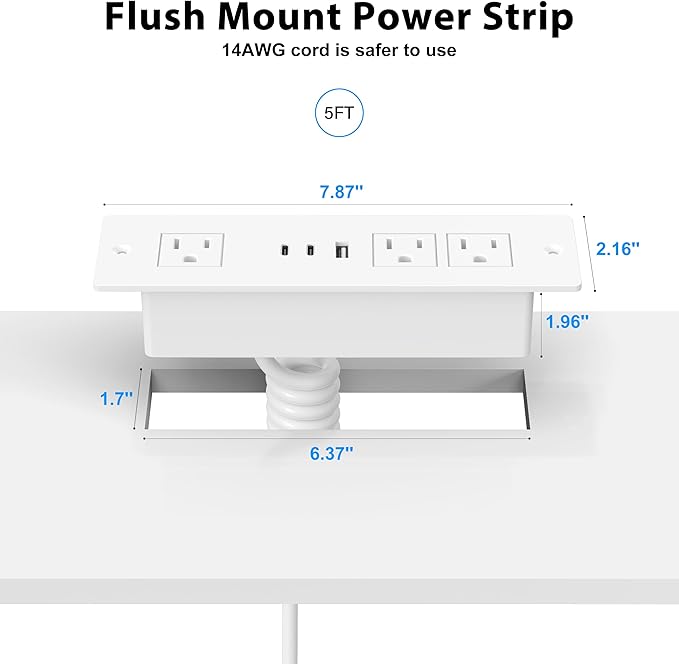 Furniture Drawer Outlet, Recessed Power Strip with (3) PD 20W USB Ports Fast Charging & (3) 15 Amp AC Outlets, (14 AWG) 5 FT White Spring Cord