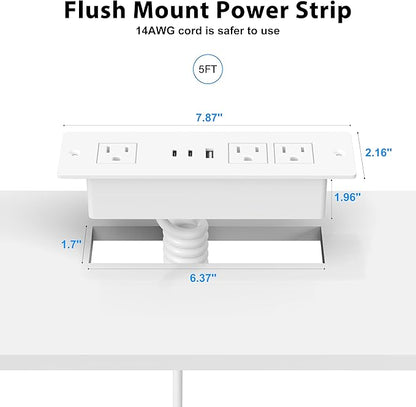 Furniture Drawer Outlet, Recessed Power Strip with (3) PD 20W USB Ports Fast Charging & (3) 15 Amp AC Outlets, (14 AWG) 5 FT White Spring Cord