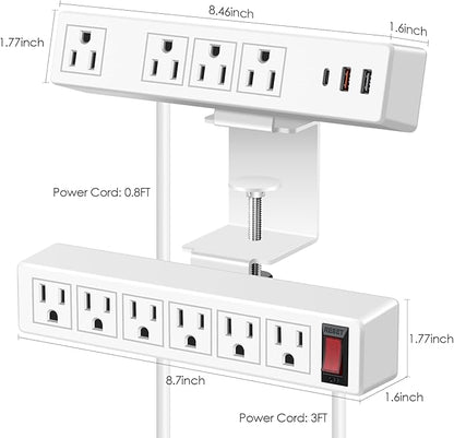 Dual Layer Desk Clamp Power Strip, 20W Desktop Edge Mount Charging Station with 10 Outlets 3 USB Ports, Under Desk Surge Protector, 3 Ft Extension Cord for Office Home
