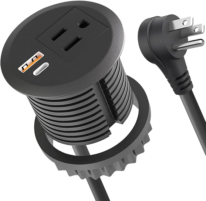 Desktop Power Grommet,2-inch Hole,20W USB C Fast Charging,2-USB Port,Flush Mount,Flat Plug,6.4 ft Cord,Black