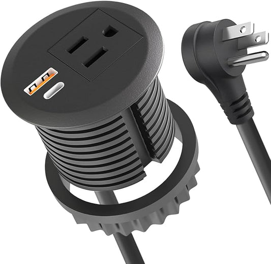 Desktop Power Grommet,2-inch Hole,20W USB C Fast Charging,2-USB Port,Flush Mount,Flat Plug,6.4 ft Cord,Black