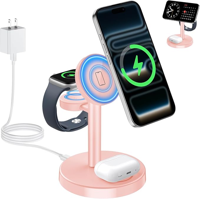 2026 3 in 1 Wireless Charging Station Compatible with MagSafe, 15W Fast Magnetic Mag-Safe Charger Stand for Apple iPhone 17 16 15 14 13 12 iWatch AirPods Pro 4 3 2, Pink