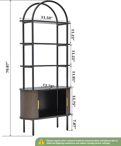71" Tall Fluted Arched Bookshelf with Sliding Tambour Doors, Mid Century Modern Metal Curved Bookshelf Cabinet with Storage, 4-Tier Open Display Storage Shelf for Home Office, Living Room (Black