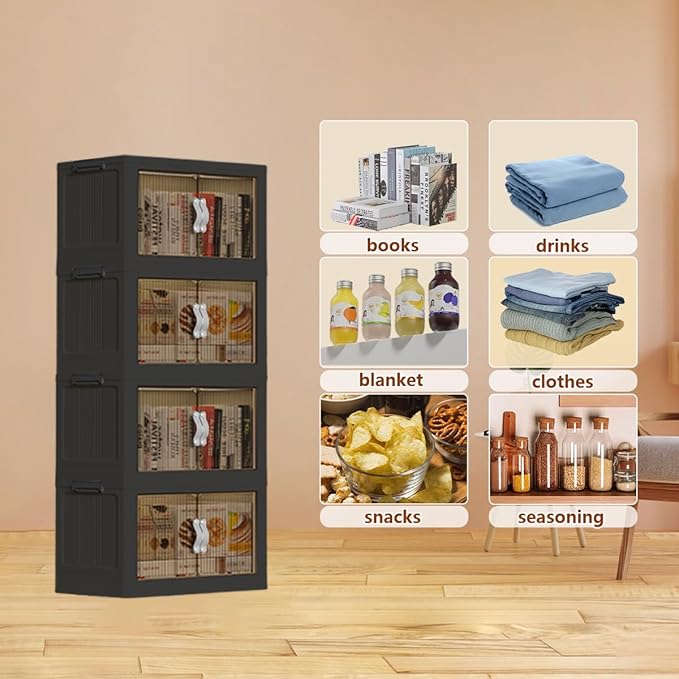 Stackable Storage Bins, Plastic Collapsible Storage Bins with Lid and Wheels, Folding Closet Organizer Clear Doors, Foldable Cabinet Storage Boxes for Home, Pantry, Office (M, Gray 2-Tier)